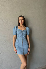 Mavi Önü Fermuarlı Kısa Denim Elbise SY-0478-Mavi
