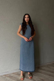 Mavi Kar Yıkamalı Sıfır Kol Denim Elbise SY-2127-Mavi