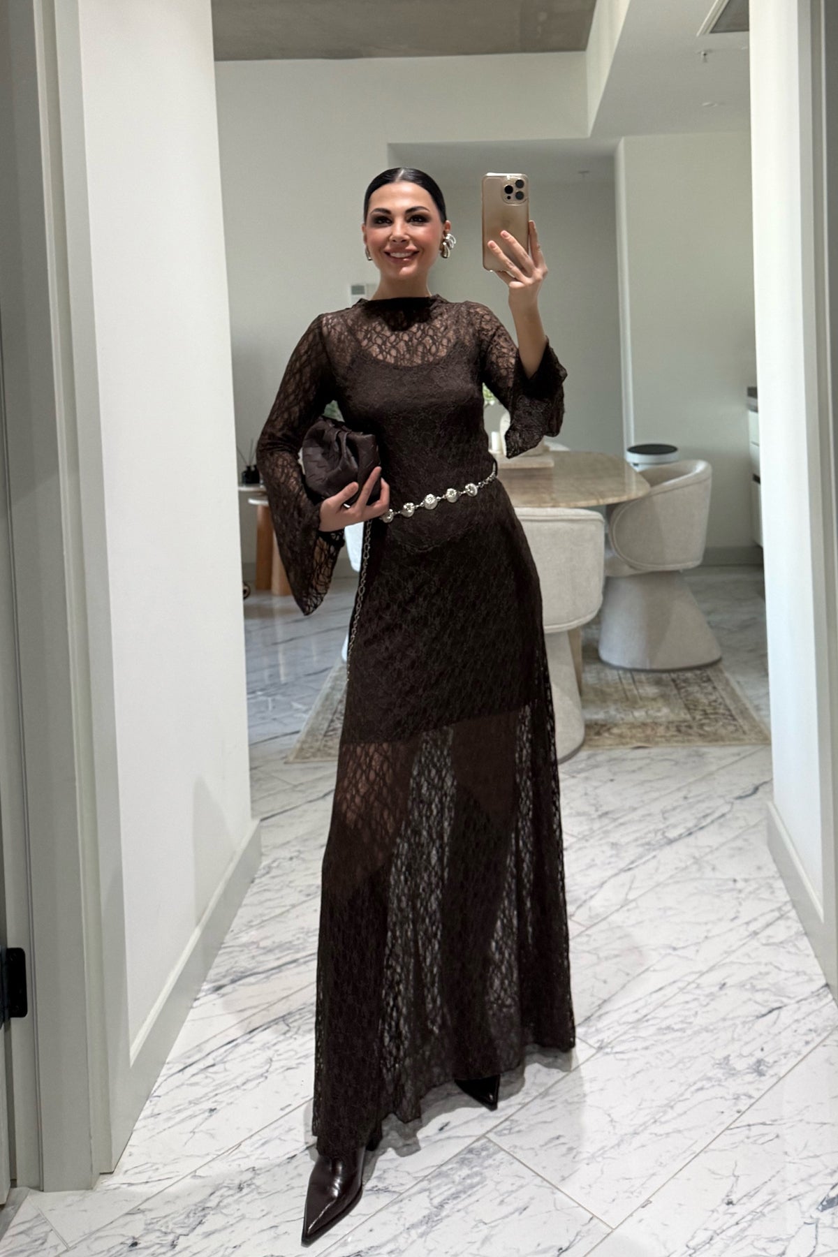 Kahverengi Dantel Detaylı Maxi Kemerli Elbise SY-3521-Kahverengi