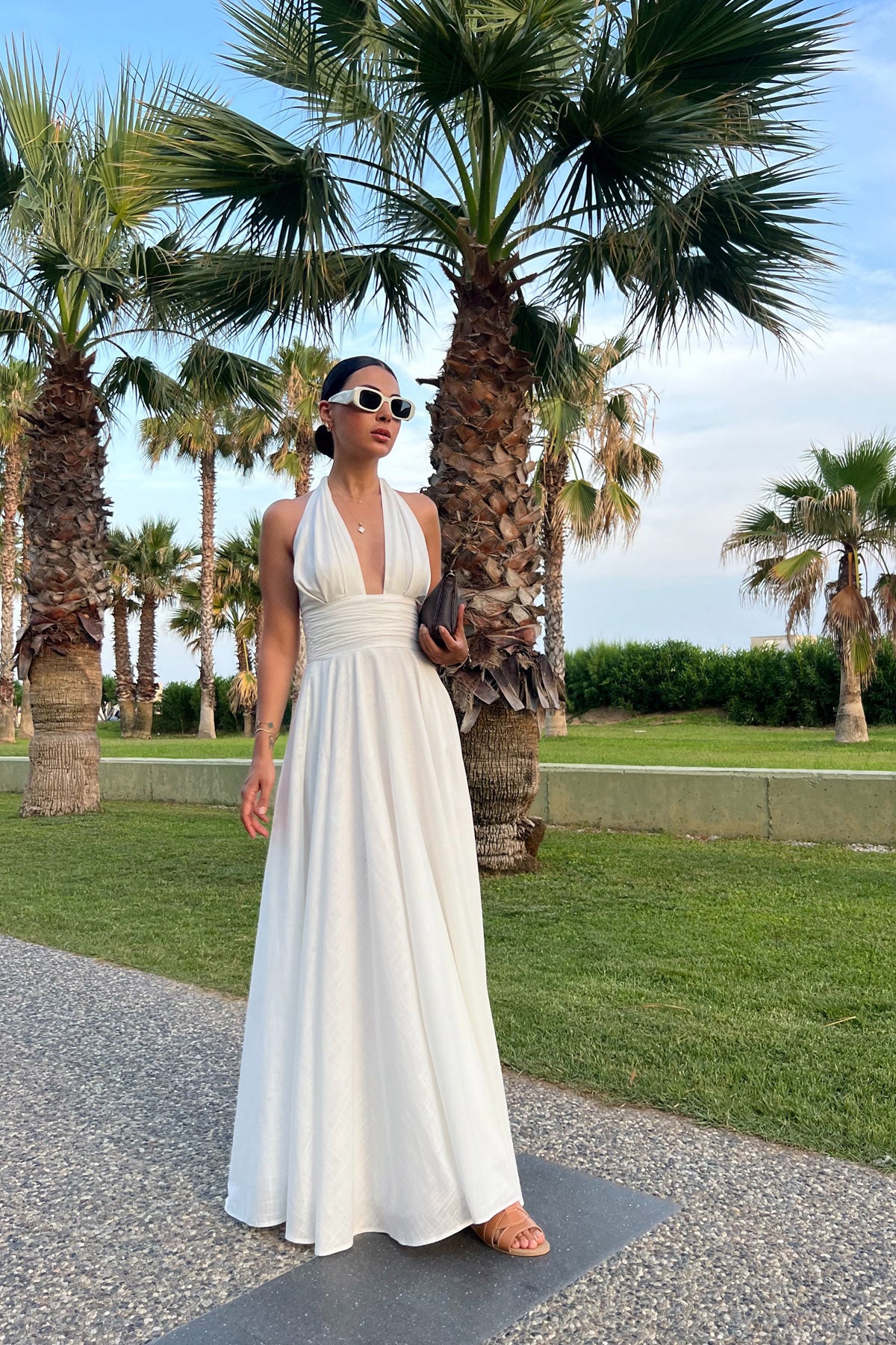 Beyaz Puglia Tasarım Sırt Detaylı Keten Elbise SY-2263-Beyaz