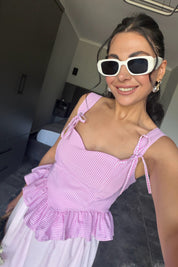 Pembe Sırt Bağlamalı Pötikare Fırfırlı Bluz SY-3734-Pembe
