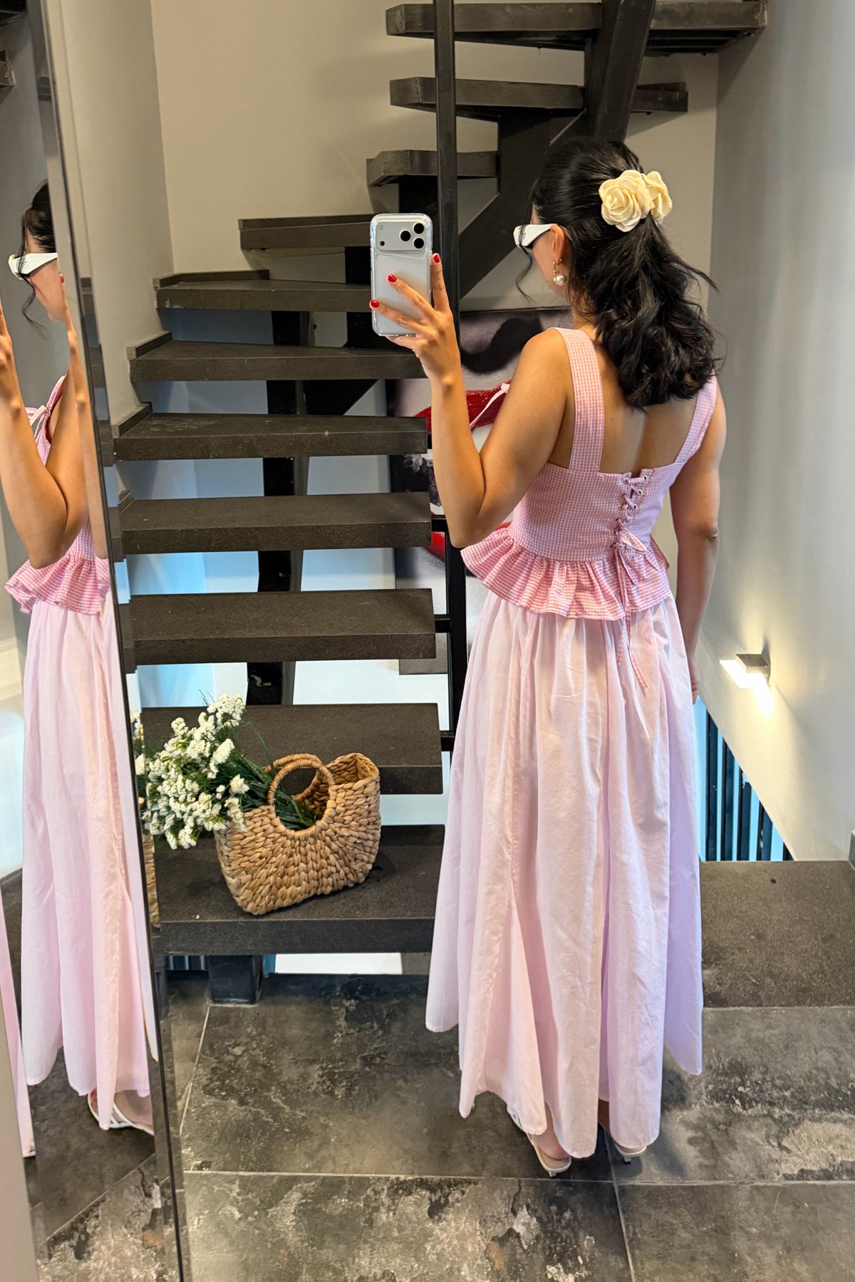 Pembe Sırt Bağlamalı Pötikare Fırfırlı Bluz SY-3734-Pembe