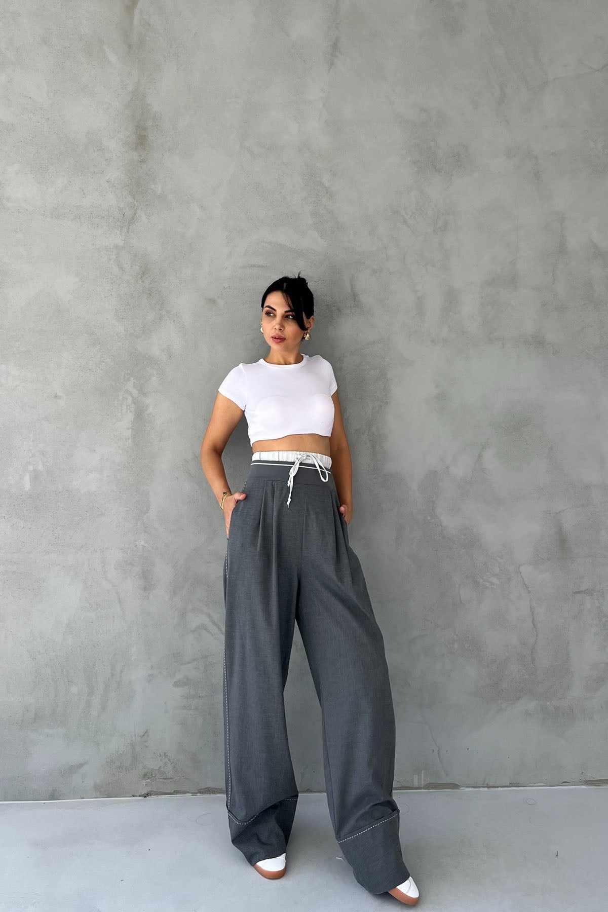 Koyu Gri Bel Detaylı Bağcıklı Pantolon SY-2420-Gri