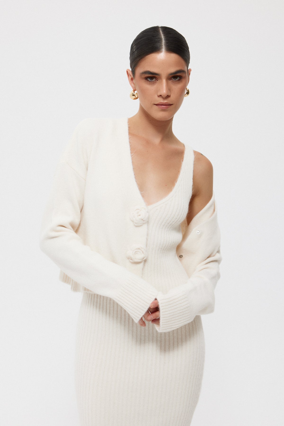 Krem Gül Detaylı Hırka Elbise İkili Takım SY-2448-Krem