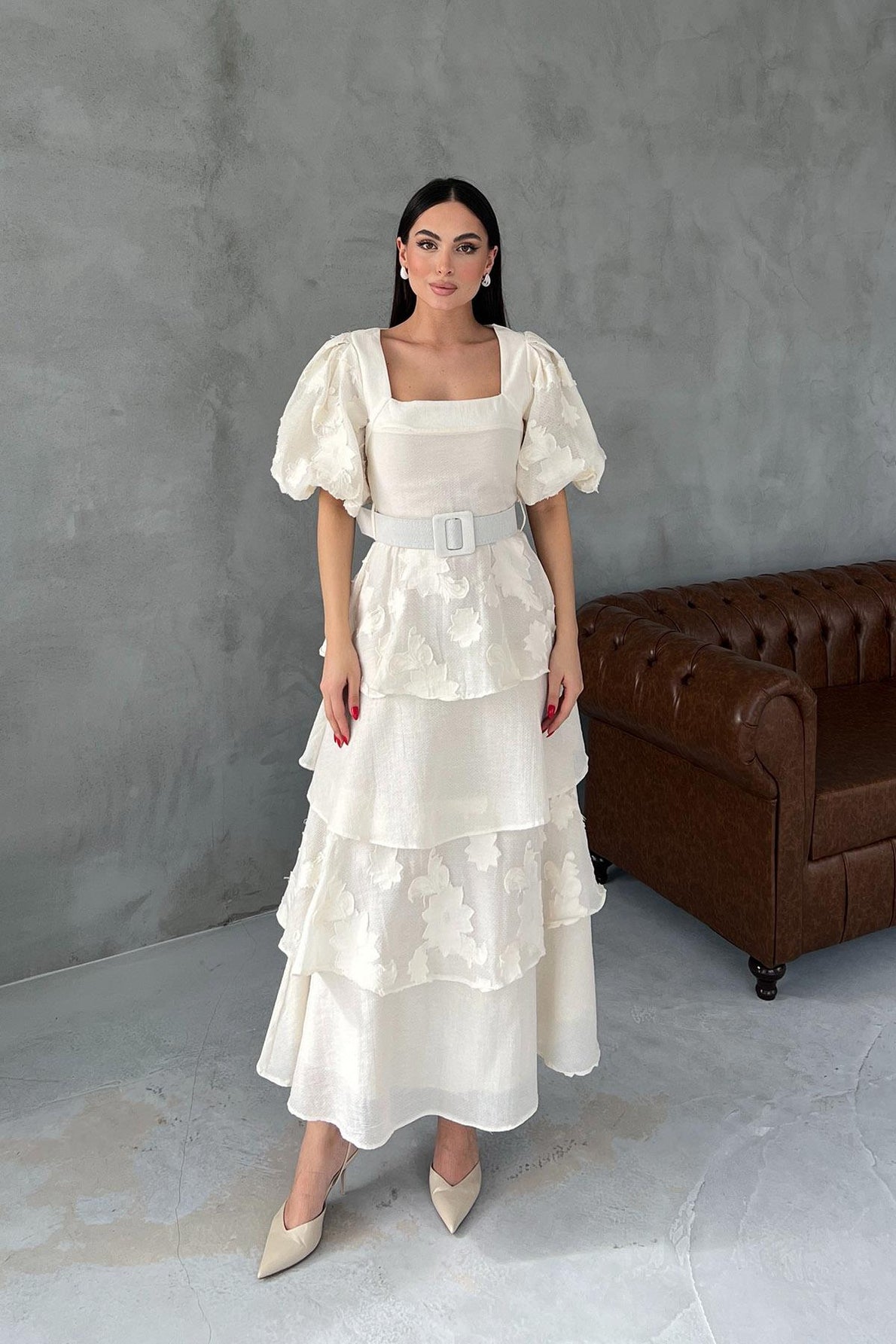 Bej Tasarım Kat Detaylı Pinterest Lipari Elbise (Kemersiz) SY-3375-Bej