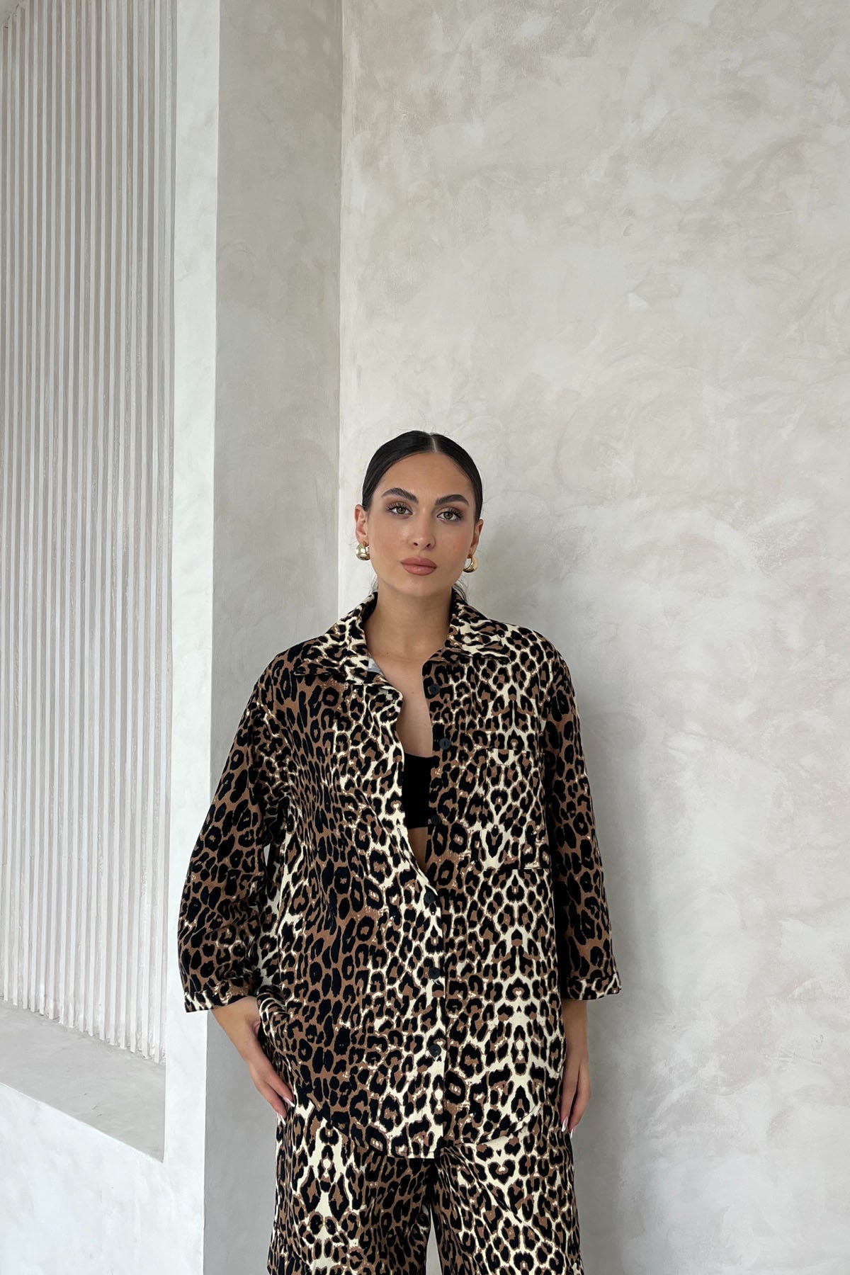 Leopar Desenli Gabardin Gömlek Pantolon İkili Takım SY-2456-Leopar