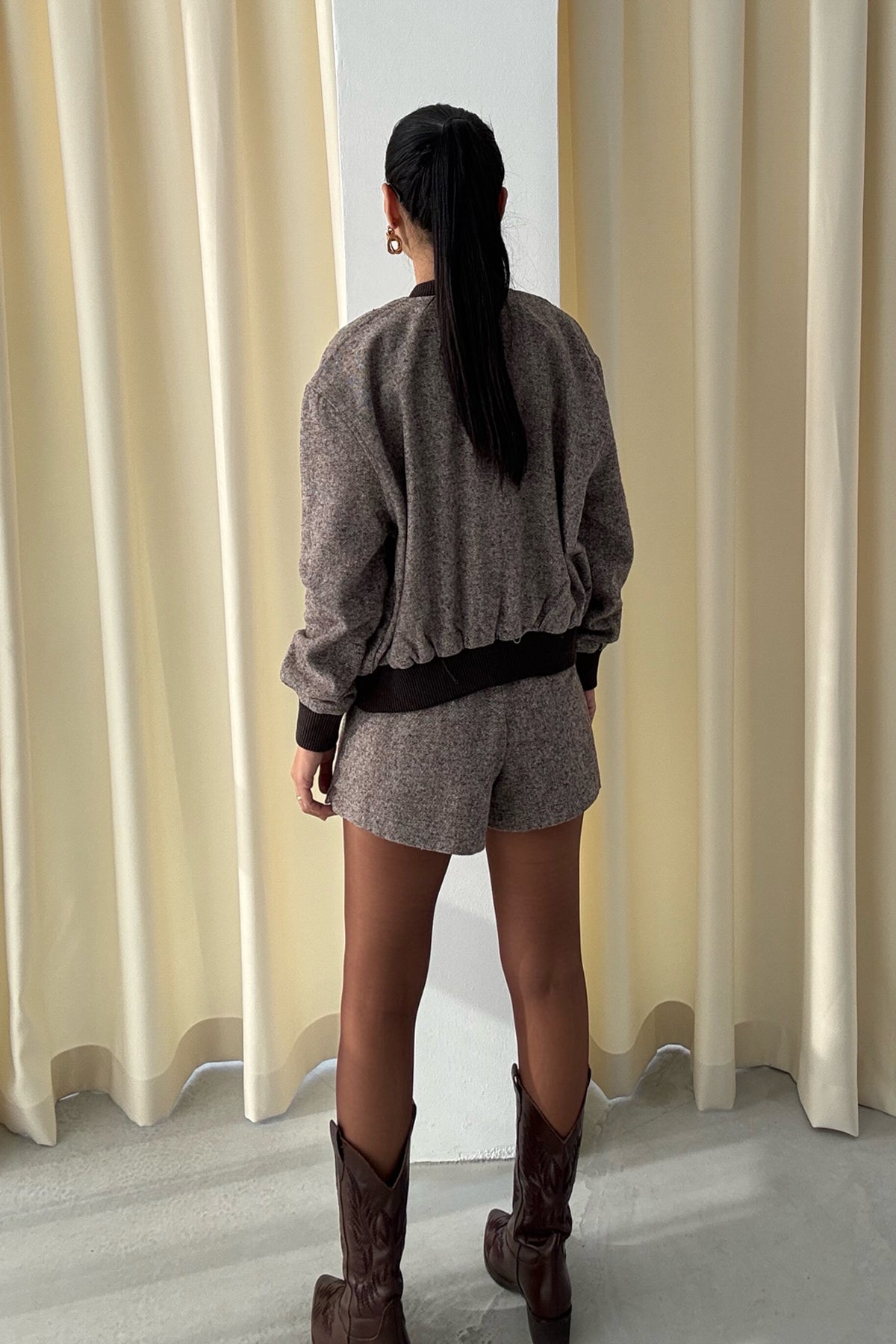 Vizon Bomber Ceket Kemerli Mini Şort Etek Takım SY-3390-Vizon