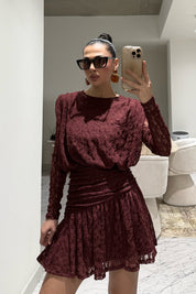 Bordo Güpürli Midi Tasarım Elbise SY-3489-Bordo