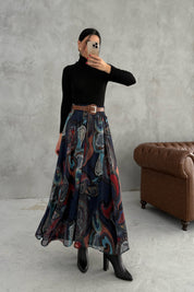 Lacivert Kemerli Metalik ipli Baskılı Etek SY-3478-Lacivert