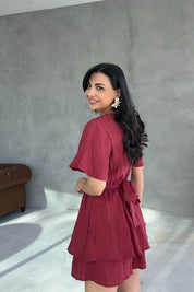 Bordo Beli Lastikli Kuşaklı Mini Elbise SY-3067-Bordo