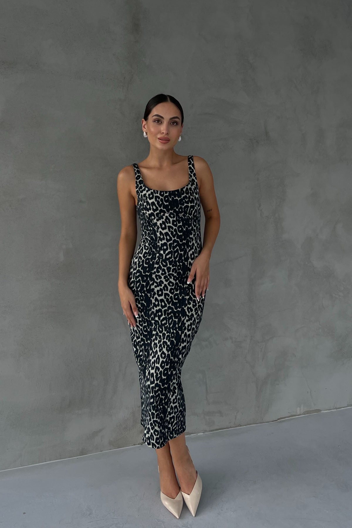 Leopar Arkası Yırtmaçlı Denim Elbise SY-2443-Leopar