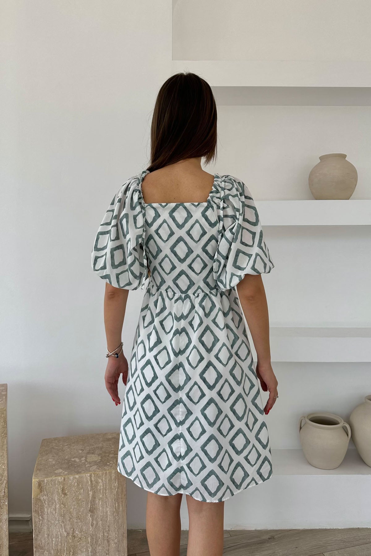 Yeşil Önü Gipeli Balon Kol Elbise SY-0471-Yeşil