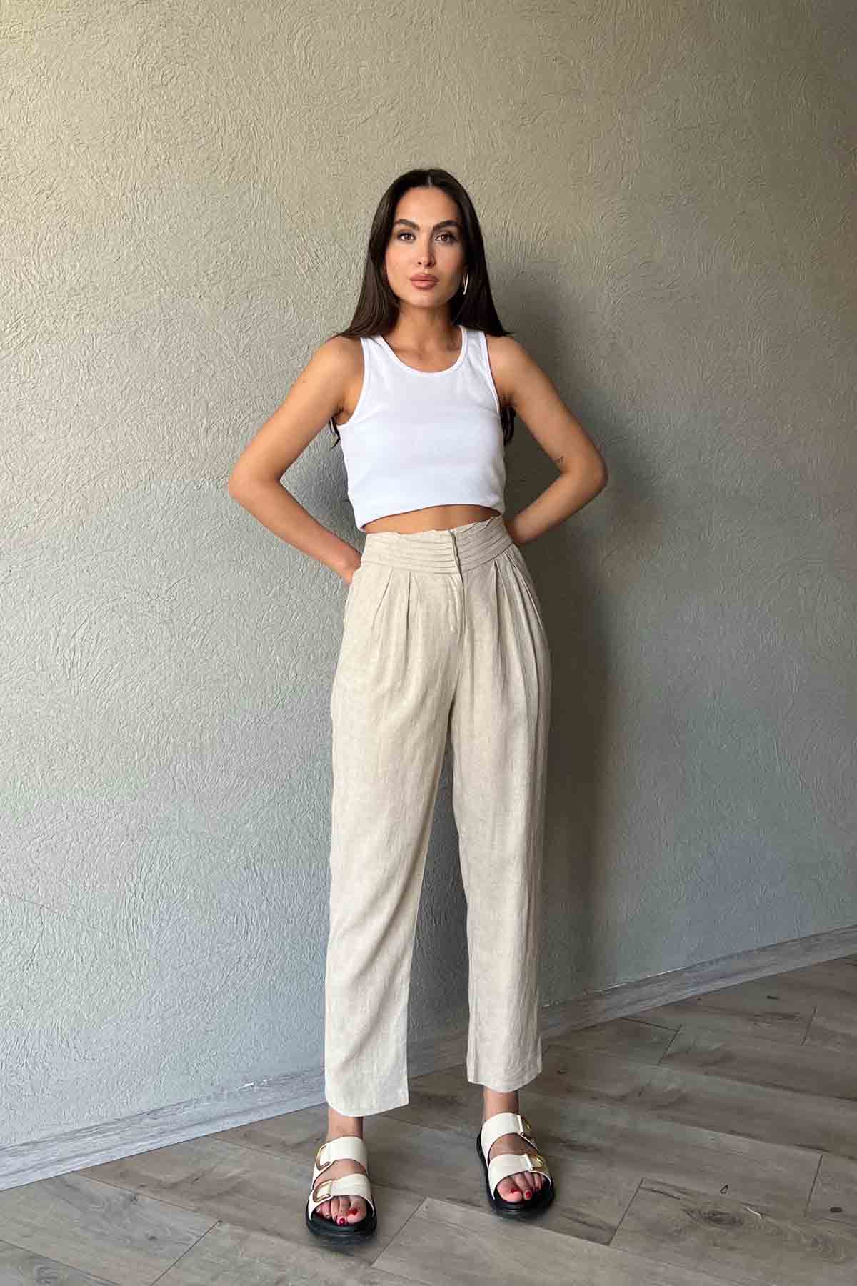 Bej Naturel Önü Pile Detaylı Yüksek Bel Pantolon SY-1773-Bej