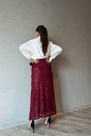 Bordo Pullu Bağlama Detaylı Etek SY-1393-Bordo