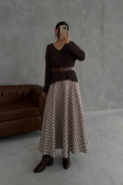 Collectıon Kareli Süet Katlı Etek SY-3410-Bej