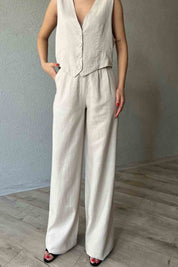 Taş Pile Detaylı Rahat Kesim Keten Pantolon SY-2097-Taş