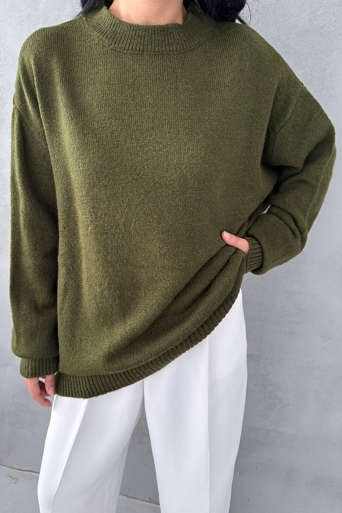 Haki Bisiklet Yaka Lastikli Pinterest Triko Kazak SY-3368-Haki