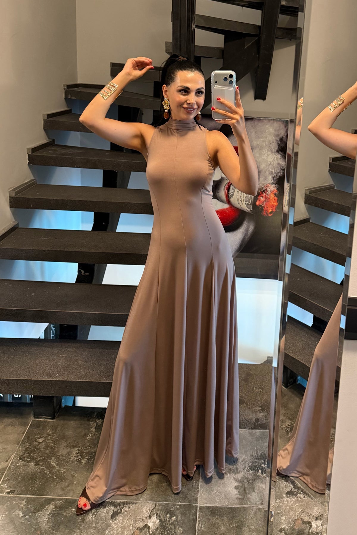 Vizon Balıkçı Yaka Maxi Boy Dökümlü Şık Kadın Elbise SY-3632-Vizon