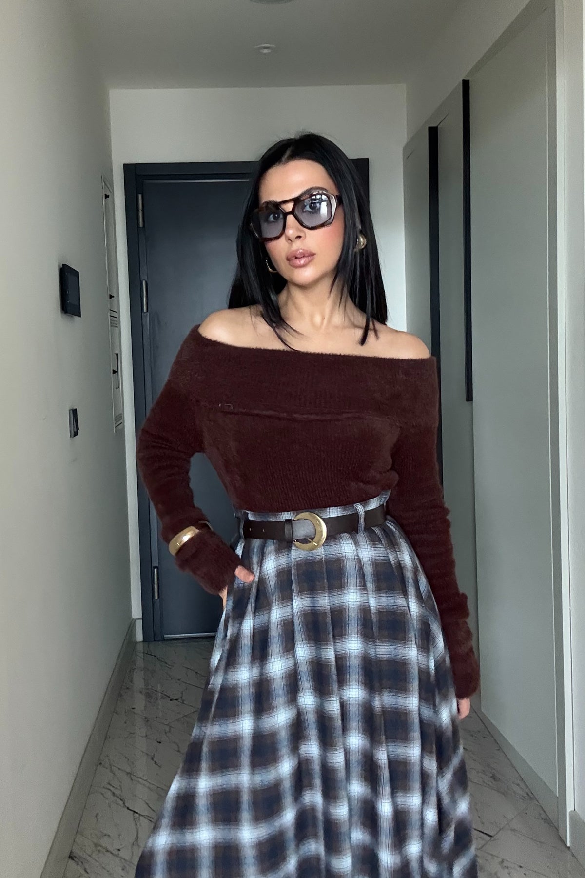 Ekose Desenli Yırtmaç Detay Kloş Etek SY-3494-Kahverengi