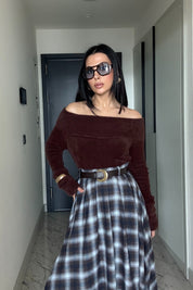 Ekose Desenli Yırtmaç Detay Kloş Etek SY-3494-Kahverengi