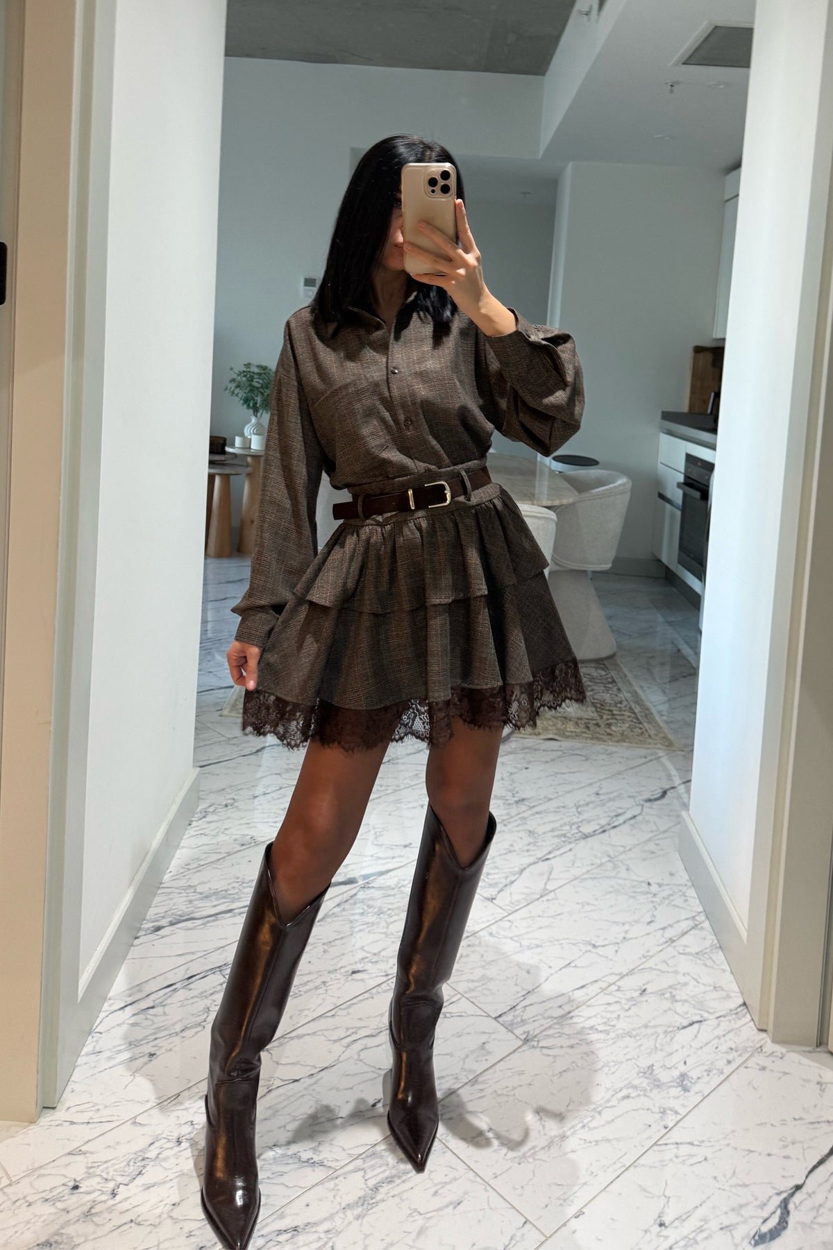 Dantel Detaylı Kat Kat Kemerli Rihanna Etek SY-3492-Kahverengi