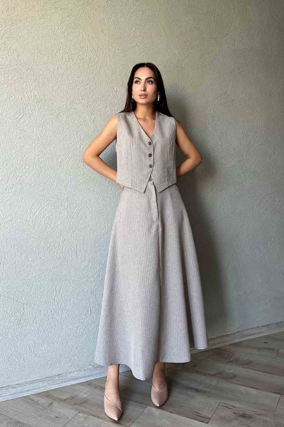 Gri  Beyaz Çizgili Çan Etek ve Yelek Takım SY-0896-Gri