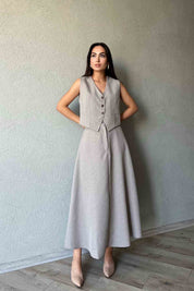Gri  Beyaz Çizgili Çan Etek ve Yelek Takım SY-0896-Gri