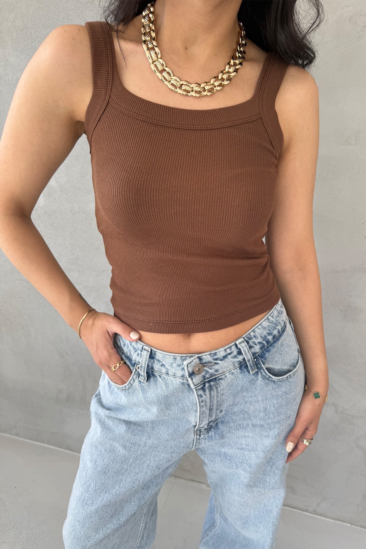 Kahve Slim Fit Dar Kesim U Yaka Fitilli Atlet SY-3171-Kahve
