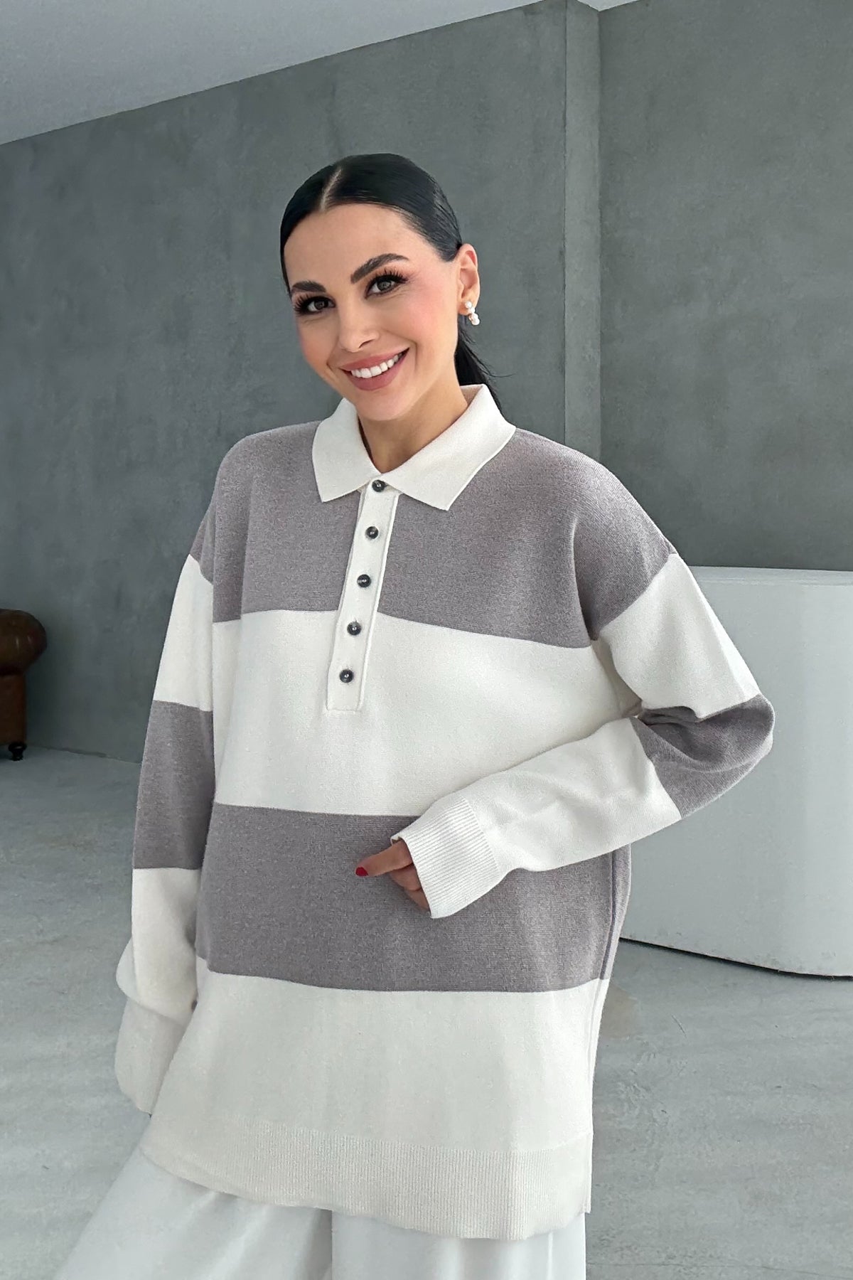 Gri Çizgili Polo Yaka Kazak SY-3439-Gri