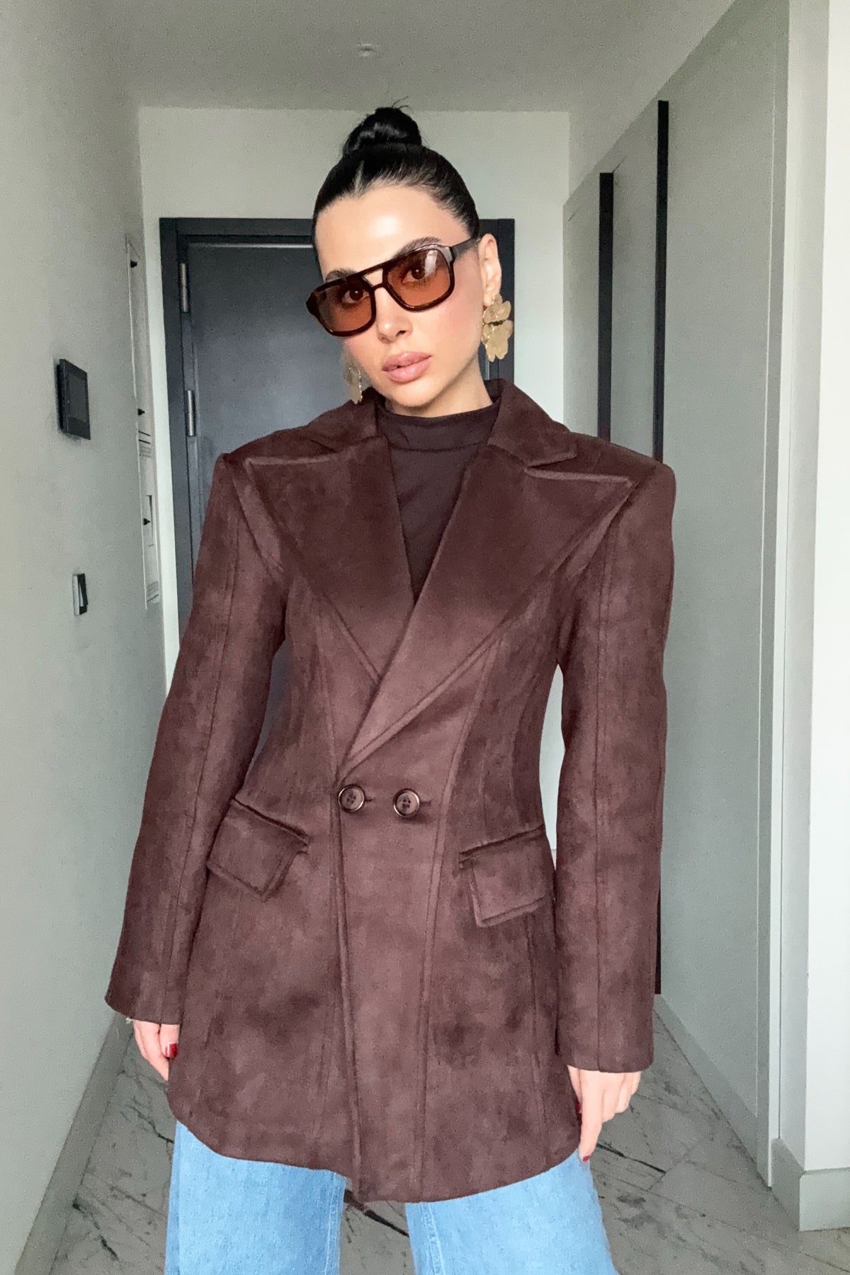 Acı Kahve Süet Belden Oturmalı Tasarım Ceket SY-3486-Kahverengi