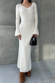 Ekru V Yaka Yırtık Detaylı Triko Uzun Elbise SY-2527-Ekru