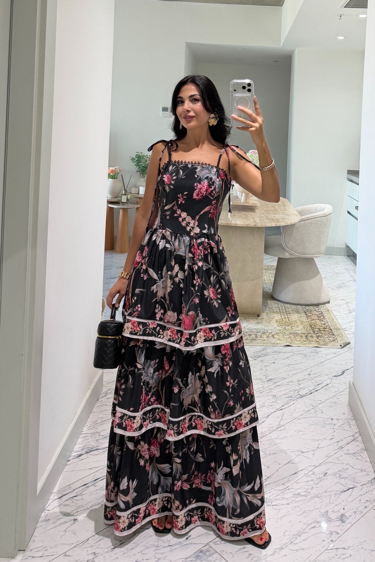 Siyah Floral Desenli Kat Kat Elbise SY-3822-Sİyah