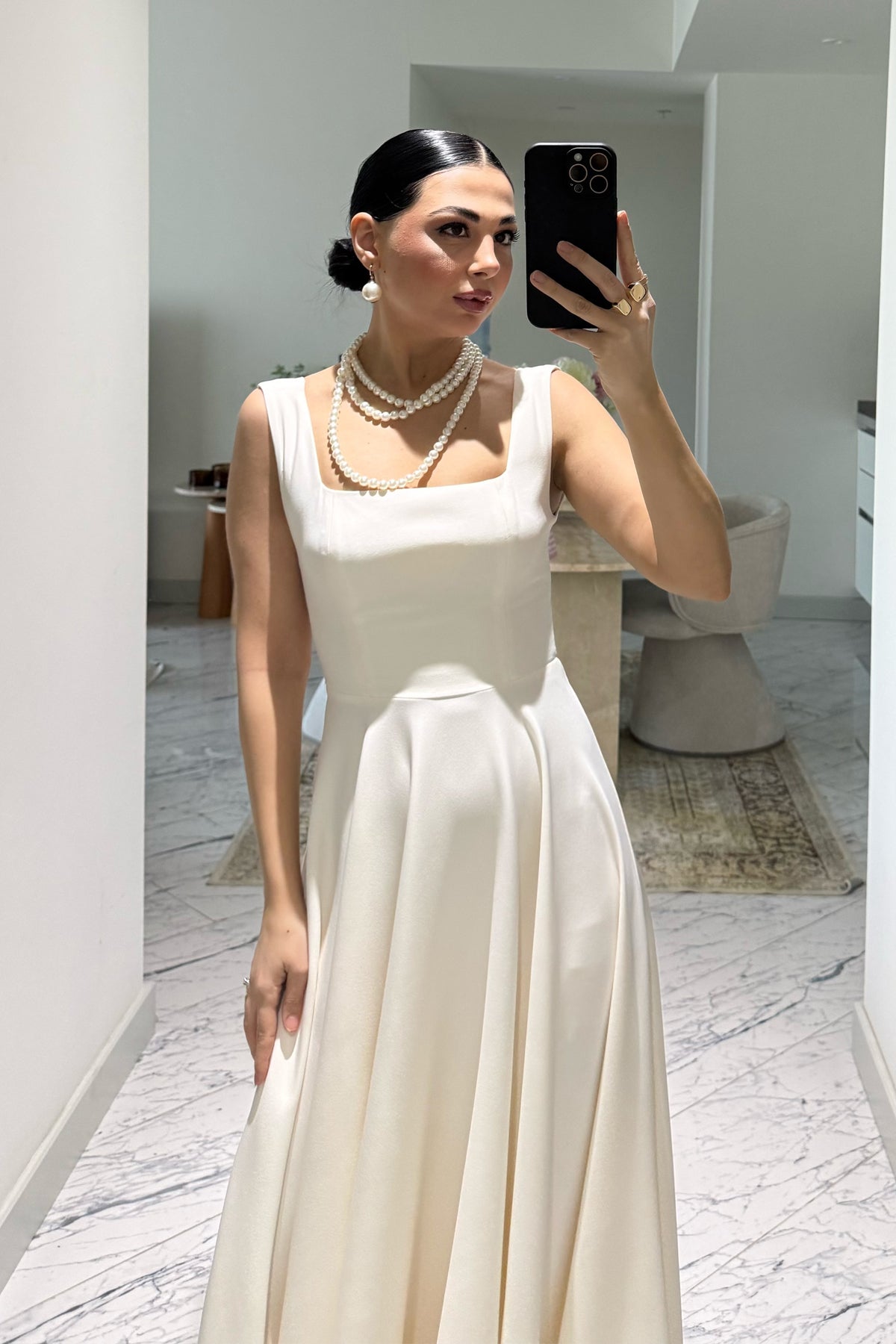 Ekru Kare Yaka Füsun Prenses Elbise SY-3649-Ekru