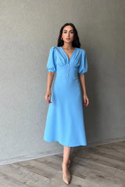 Bebe Mavi İnci Düğme Detay Elbise SY-0351-Bebe Mavi