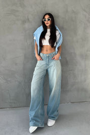 Açık Mavi Düşük Bel Eskitme Süper Wide Leg Jean SY-1713-Açık Mavi