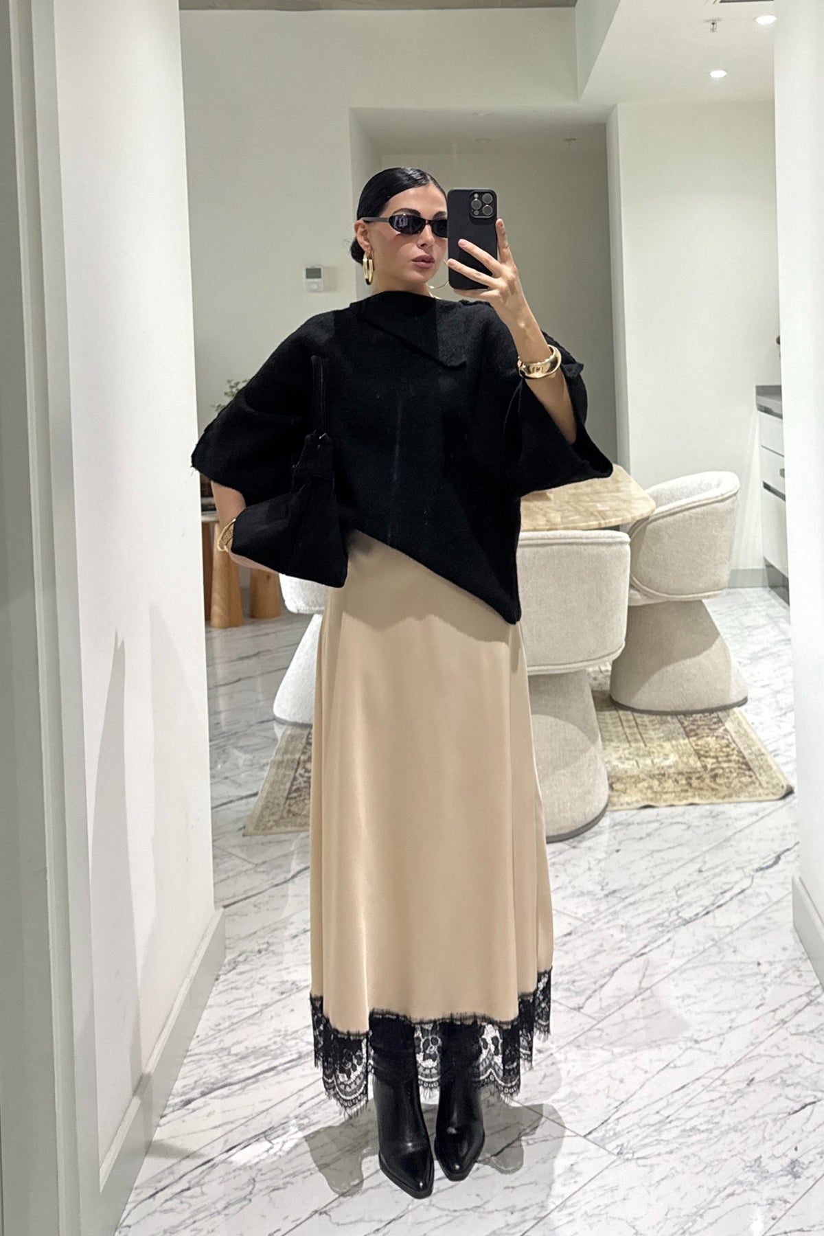 Krem Dantel Detaylı Maxi Saten Etek SY-3600-Krem