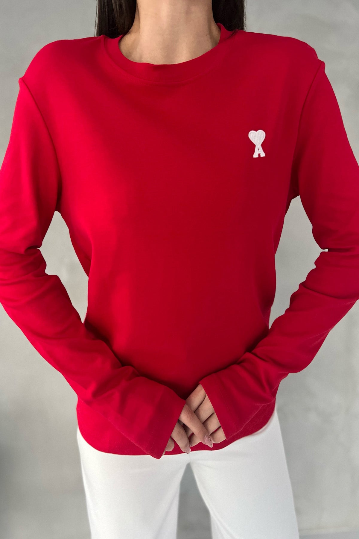Kırmızı Marka Model Kalp Nakışlı Uzun Kollu T-shirt SY-2822-Kırmızı