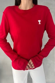 Kırmızı Marka Model Kalp Nakışlı Uzun Kollu T-shirt SY-2822-Kırmızı