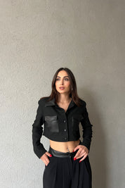 Siyah Deri Detaylı Cepli Düğmeli Crop Ceket SY-1342-Siyah