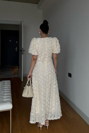 Gül Detaylı Krem Rosella Özel Tasarım Elbise SY-3519-Krem