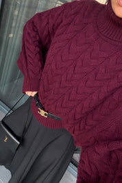 Bordo Saç Örgü Boğazlı Kazak SY-3461-Bordo