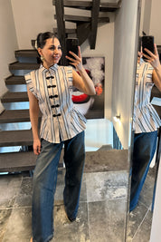 Bej Çizgili Napolyon Bluz SY-3697-Bej