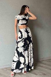 Bej Siyah Desenli Beli Lastikli Maxi Etek Bluz Takım SY-1833-Bej