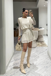 Ekru Güpürli Midi Tasarım Elbise SY-3489-Ekru