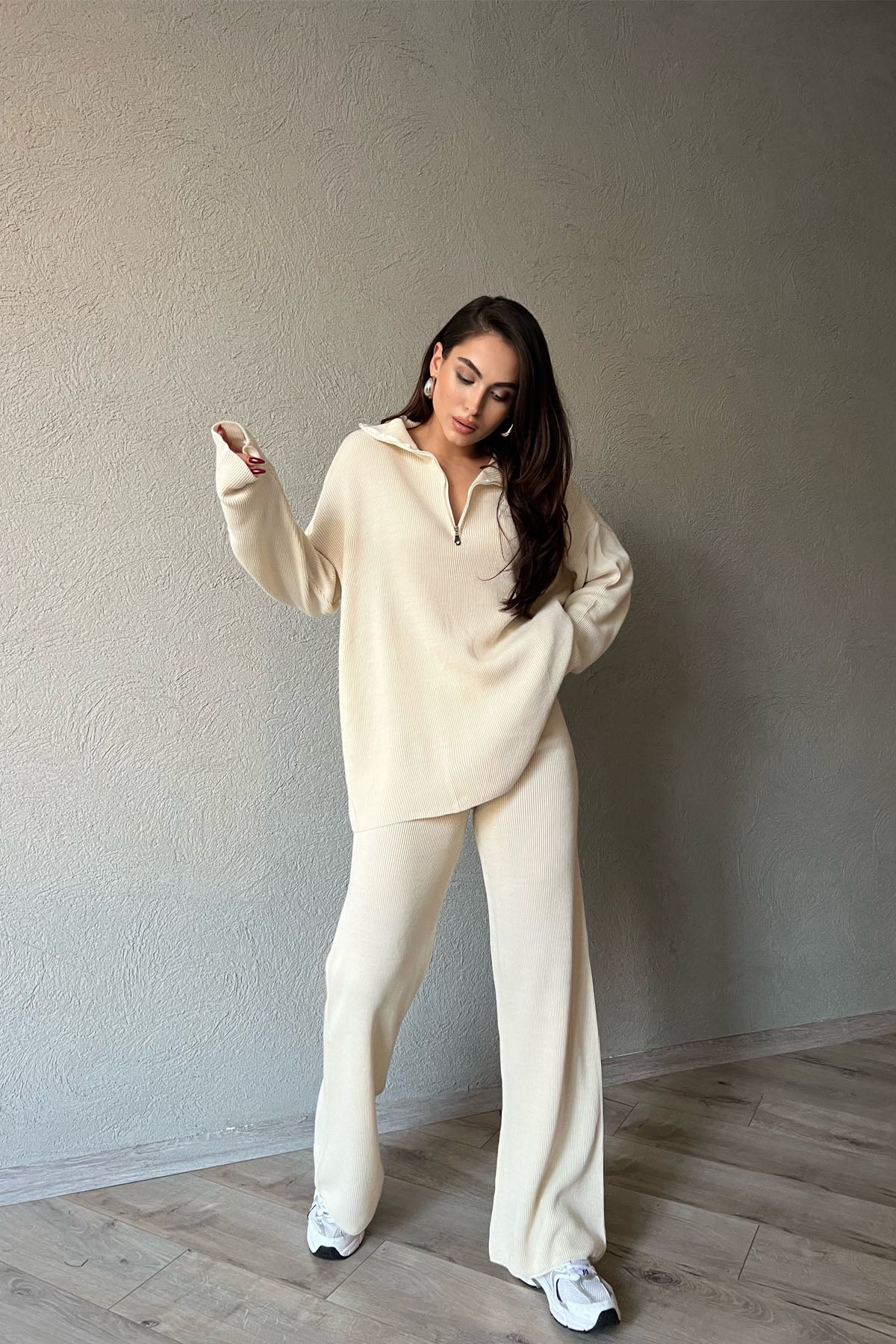 Krem Fermuarlı Fitilli Oversize Kazak ve Pantolon Takımı SY-1257-Krem