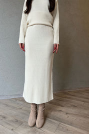 Bej Yarım Balıkçı Yaka Kazak Fitilli Beli Lastikli Etek Triko Takım SY-1352-Bej