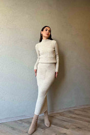 Bej Yarım Balıkçı Yaka Kazak ve Etek Triko Takım SY-1497-Bej