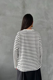 Beyaz Siyah Çizgili Bisiklet Yaka Uzun Kol T-shirt SY-2938-Siyah