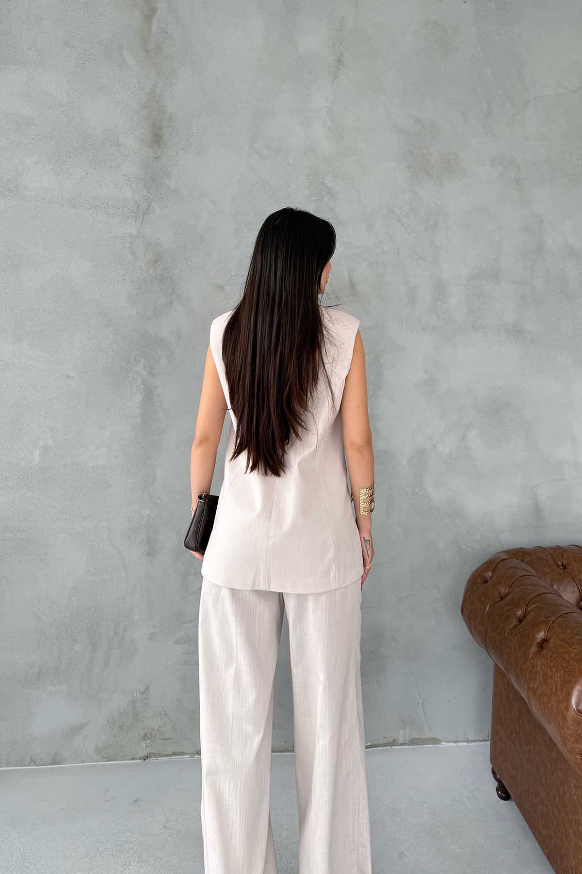 Woman's Taş Keten Yelek Ve Pantolon Takım SY-3061-Taş