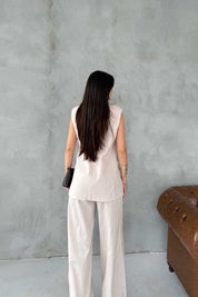 Woman's Taş Keten Yelek Ve Pantolon Takım SY-3061-Taş